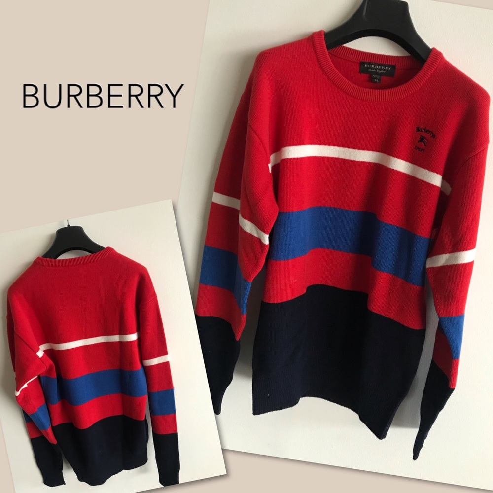 Burberry Red Blue Black Striped Crewneck Sweater